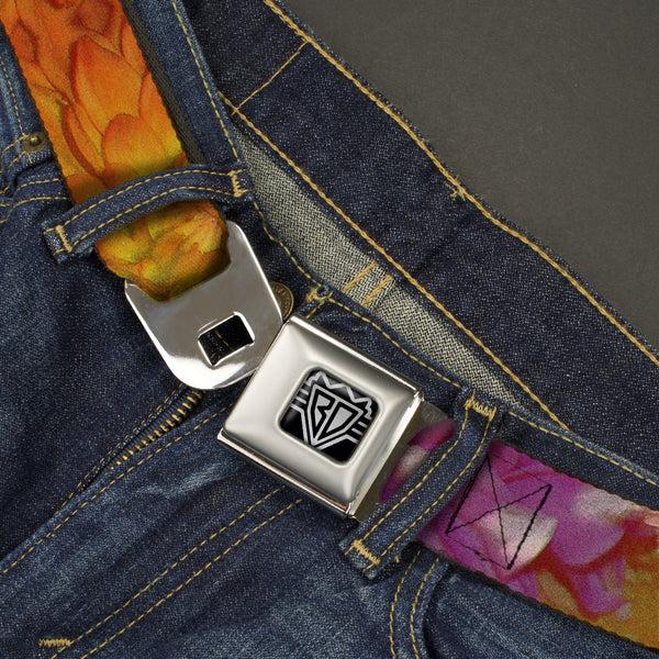 Buckle-Down BD Wings Logo CLOSE-UP Full Color Black Silver Seatbelt Belt - Vivid Floral Collage Orange-Pinks Webbing