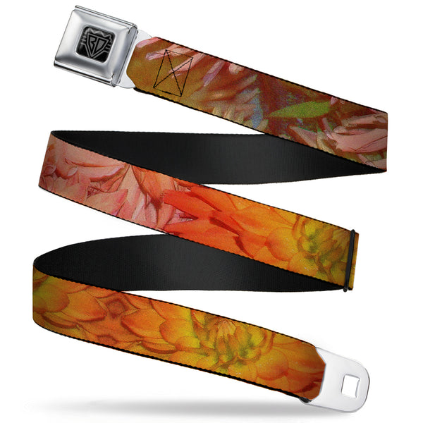 Buckle-Down BD Wings Logo CLOSE-UP Full Color Black Silver Seatbelt Belt - Vivid Floral Collage Orange-Pinks Webbing