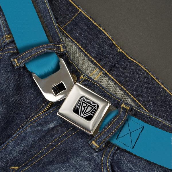 Buckle-Down BD Wings Logo CLOSE-UP Full Color Black Silver Seatbelt Belt - Vivid Turquoise Webbing