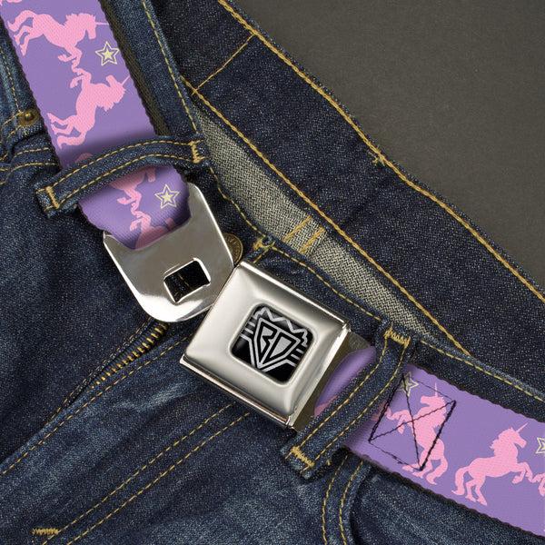 Buckle-Down BD Wings Logo CLOSE-UP Full Color Black Silver Seatbelt Belt - Unicorns/Star Lavender/Pink/Yellow Webbing