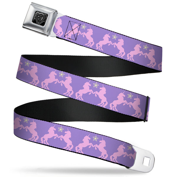 Buckle-Down BD Wings Logo CLOSE-UP Full Color Black Silver Seatbelt Belt - Unicorns/Star Lavender/Pink/Yellow Webbing