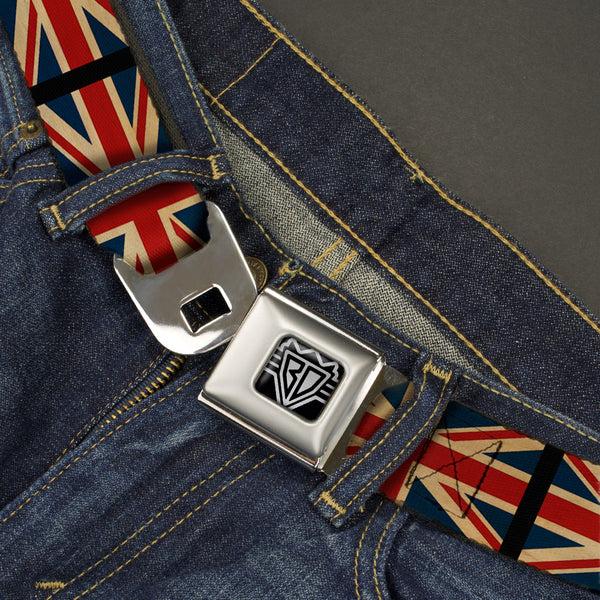 Buckle-Down BD Wings Logo CLOSE-UP Full Color Black Silver Seatbelt Belt - United Kingdom Flags Vintage Black Webbing