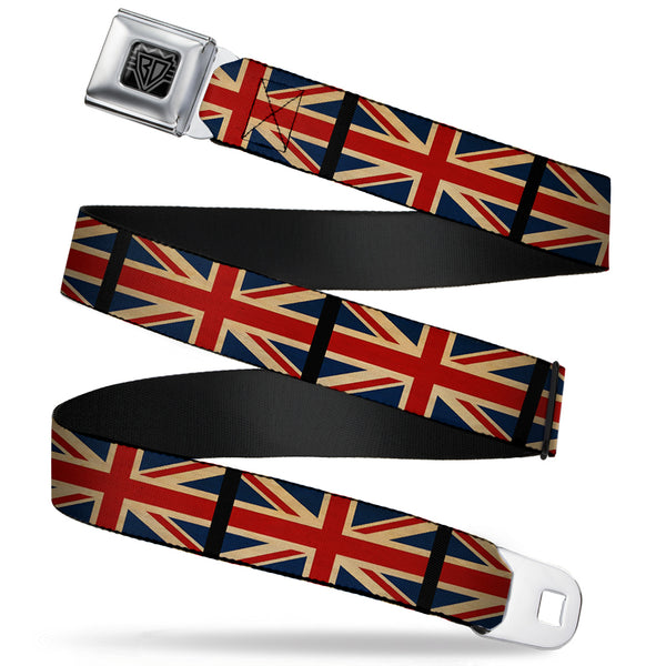 Buckle-Down BD Wings Logo CLOSE-UP Full Color Black Silver Seatbelt Belt - United Kingdom Flags Vintage Black Webbing