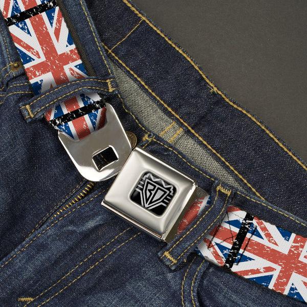 Buckle-Down BD Wings Logo CLOSE-UP Full Color Black Silver Seatbelt Belt - United Kingdom Flags Weathered Webbing