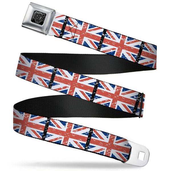 Buckle-Down BD Wings Logo CLOSE-UP Full Color Black Silver Seatbelt Belt - United Kingdom Flags Weathered Webbing