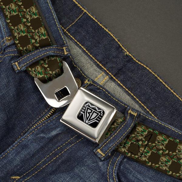 Buckle-Down BD Wings Logo CLOSE-UP Full Color Black Silver Seatbelt Belt - Top Skulls Black/Camo Olive Webbing