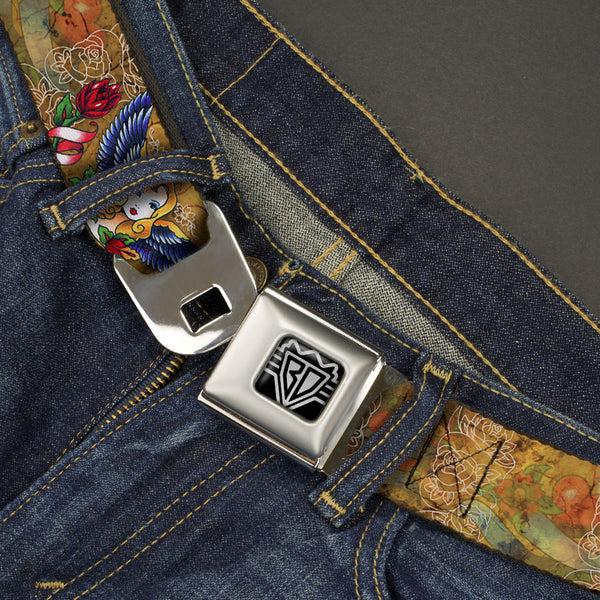 Buckle-Down BD Wings Logo CLOSE-UP Full Color Black Silver Seatbelt Belt - TJ-Blonde Webbing