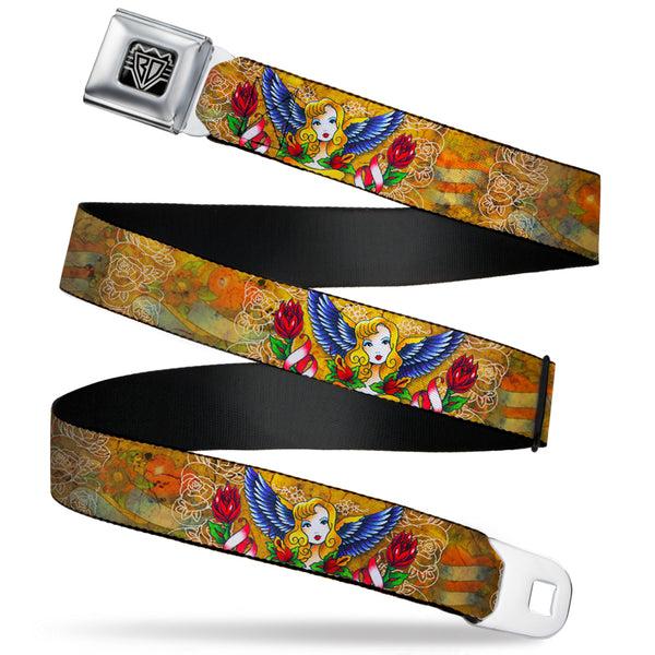 Buckle-Down BD Wings Logo CLOSE-UP Full Color Black Silver Seatbelt Belt - TJ-Blonde Webbing