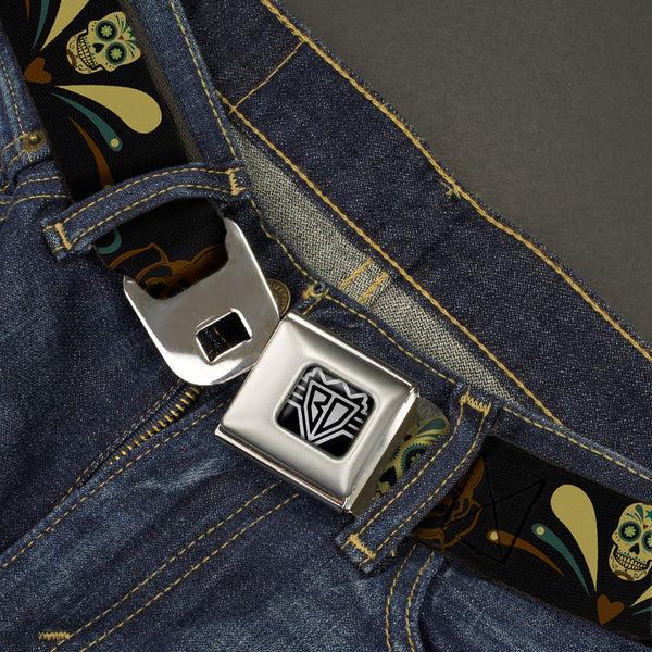 Buckle-Down BD Wings Logo CLOSE-UP Full Color Black Silver Seatbelt Belt - Sugar Skulls Black/Olive/Burgundy Webbing