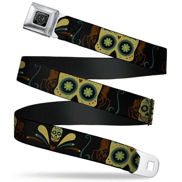 Buckle-Down BD Wings Logo CLOSE-UP Full Color Black Silver Seatbelt Belt - Sugar Skulls Black/Olive/Burgundy Webbing