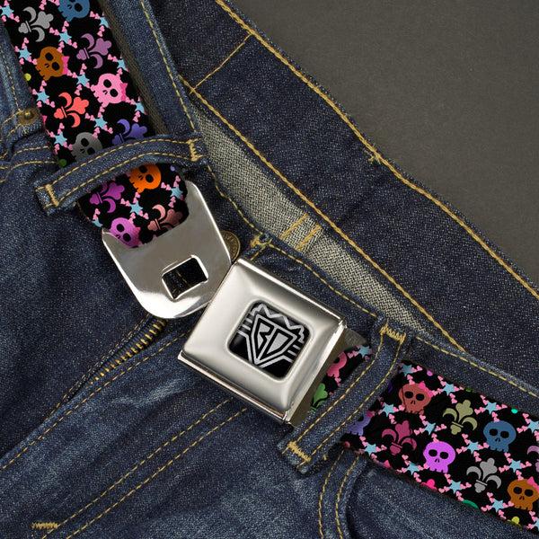 Buckle-Down BD Wings Logo CLOSE-UP Full Color Black Silver Seatbelt Belt - Skull & Fleur-de-Lis Black/Multi Color Webbing