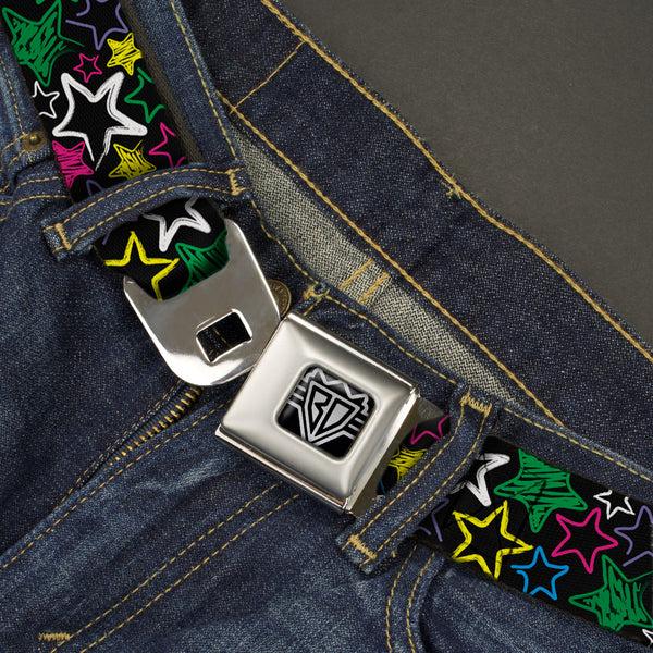 Buckle-Down BD Wings Logo CLOSE-UP Full Color Black Silver Seatbelt Belt - Sketch Stars Black/Multi Color Webbing