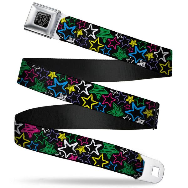 Buckle-Down BD Wings Logo CLOSE-UP Full Color Black Silver Seatbelt Belt - Sketch Stars Black/Multi Color Webbing