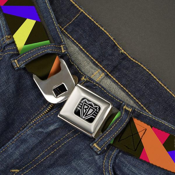 Buckle-Down BD Wings Logo CLOSE-UP Full Color Black Silver Seatbelt Belt - Spotlight Black/Multi Neon Webbing