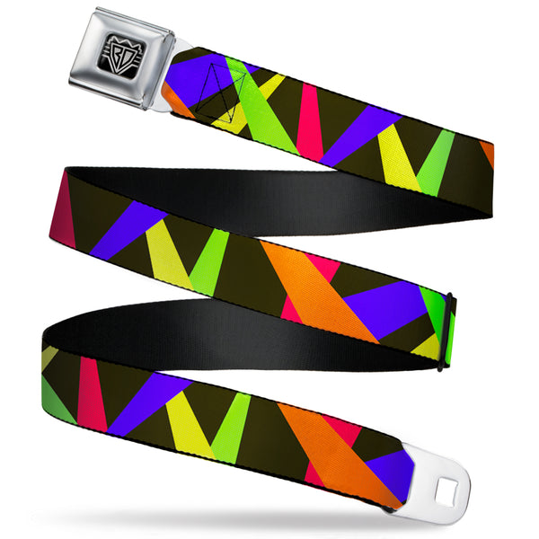 Buckle-Down BD Wings Logo CLOSE-UP Full Color Black Silver Seatbelt Belt - Spotlight Black/Multi Neon Webbing