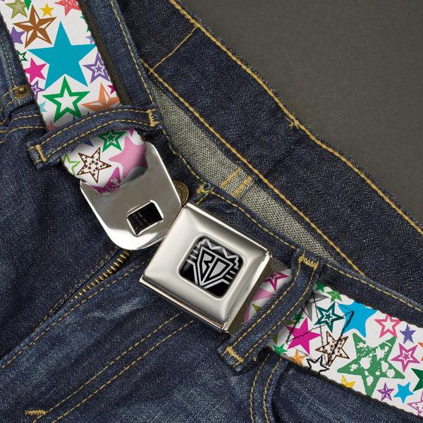Buckle-Down BD Wings Logo CLOSE-UP Full Color Black Silver Seatbelt Belt - Stargazer White/Multi Color Webbing