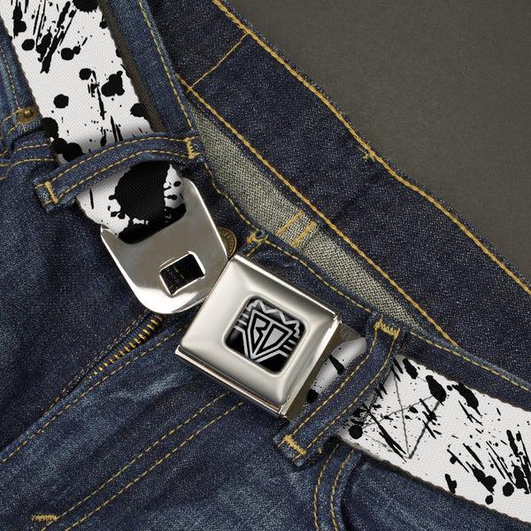 Buckle-Down BD Wings Logo CLOSE-UP Full Color Black Silver Seatbelt Belt - Splatter White/Black Webbing
