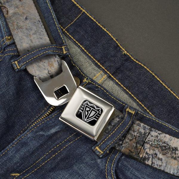 Buckle-Down BD Wings Logo CLOSE-UP Full Color Black Silver Seatbelt Belt - Rustic Concrete Panels Webbing
