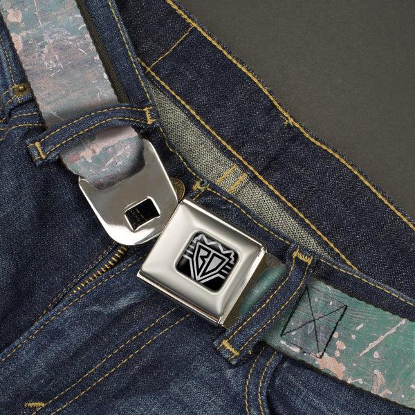 Buckle-Down BD Wings Logo CLOSE-UP Full Color Black Silver Seatbelt Belt - Rustic Concrete Panels2 Webbing