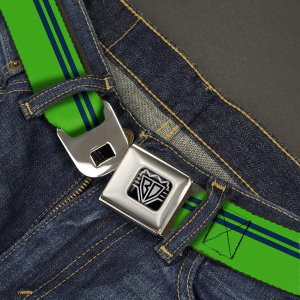 Buckle-Down BD Wings Logo CLOSE-UP Full Color Black Silver Seatbelt Belt - Racing Stripe Bright Green/Navy Webbing