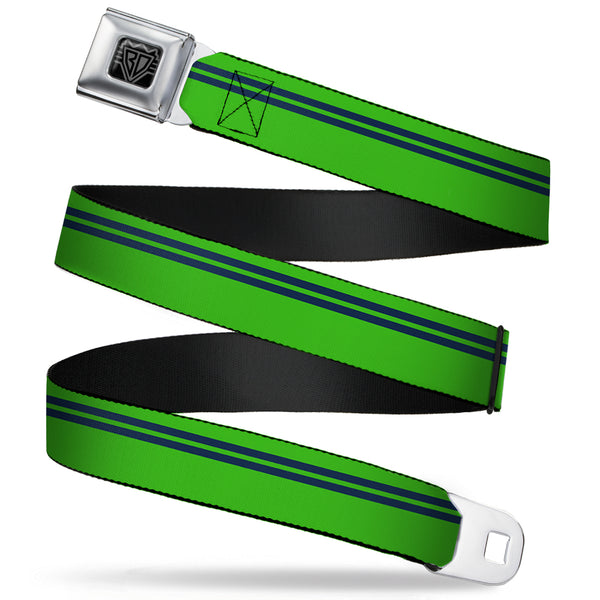Buckle-Down BD Wings Logo CLOSE-UP Full Color Black Silver Seatbelt Belt - Racing Stripe Bright Green/Navy Webbing