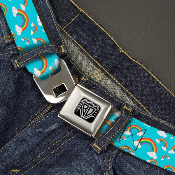 Buckle-Down BD Wings Logo CLOSE-UP Full Color Black Silver Seatbelt Belt - Rainbows Scattered Blue Webbing