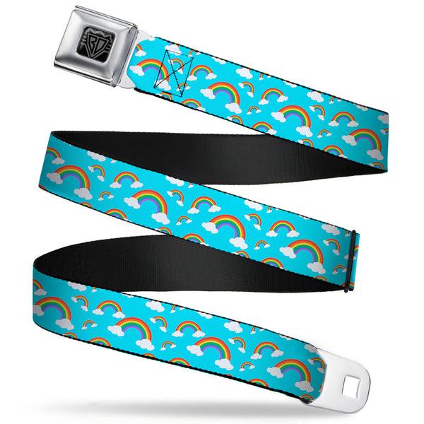 Buckle-Down BD Wings Logo CLOSE-UP Full Color Black Silver Seatbelt Belt - Rainbows Scattered Blue Webbing