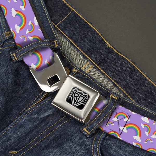 Buckle-Down BD Wings Logo CLOSE-UP Full Color Black Silver Seatbelt Belt - Rainbows Scattered Lavender Webbing