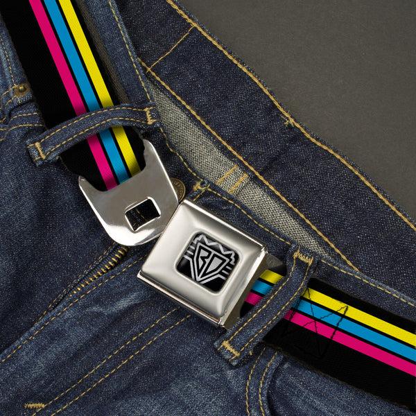 Buckle-Down BD Wings Logo CLOSE-UP Full Color Black Silver Seatbelt Belt - Racing Stripes Black/Yellow/Blue/Pink Webbing