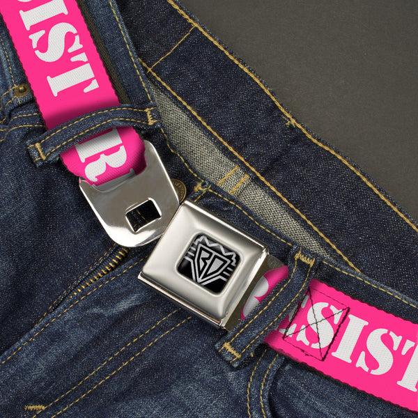 Buckle-Down BD Wings Logo CLOSE-UP Full Color Black Silver Seatbelt Belt - RESIST Stencil Pink/White Webbing