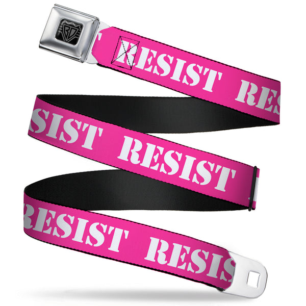 Buckle-Down BD Wings Logo CLOSE-UP Full Color Black Silver Seatbelt Belt - RESIST Stencil Pink/White Webbing