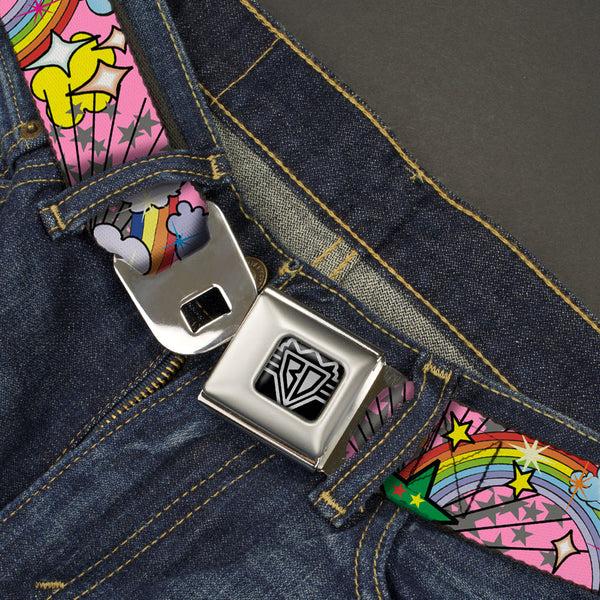 Buckle-Down BD Wings Logo CLOSE-UP Full Color Black Silver Seatbelt Belt - Rainbow Cloud Stars Pink Webbing