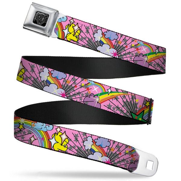 Buckle-Down BD Wings Logo CLOSE-UP Full Color Black Silver Seatbelt Belt - Rainbow Cloud Stars Pink Webbing