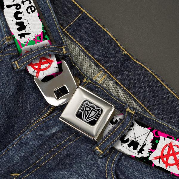 Buckle-Down BD Wings Logo CLOSE-UP Full Color Black Silver Seatbelt Belt - Pure Punk W/Safety Pins Black/Fuchsia/White Webbing