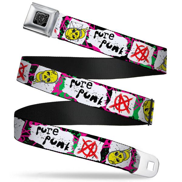 Buckle-Down BD Wings Logo CLOSE-UP Full Color Black Silver Seatbelt Belt - Pure Punk w/Safety Pins Black/Fuchsia/White Webbing