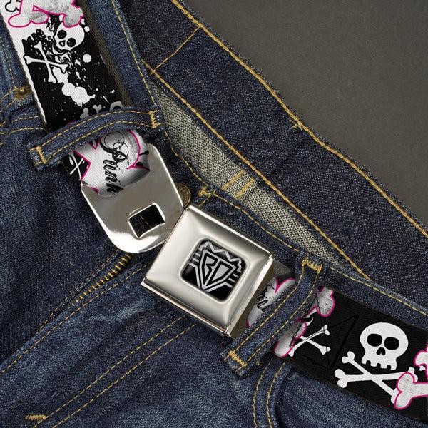 Buckle-Down BD Wings Logo CLOSE-UP Full Color Black Silver Seatbelt Belt - Punk Heart & Cross Bones W/Skulls & Splatter Black/White Webbing