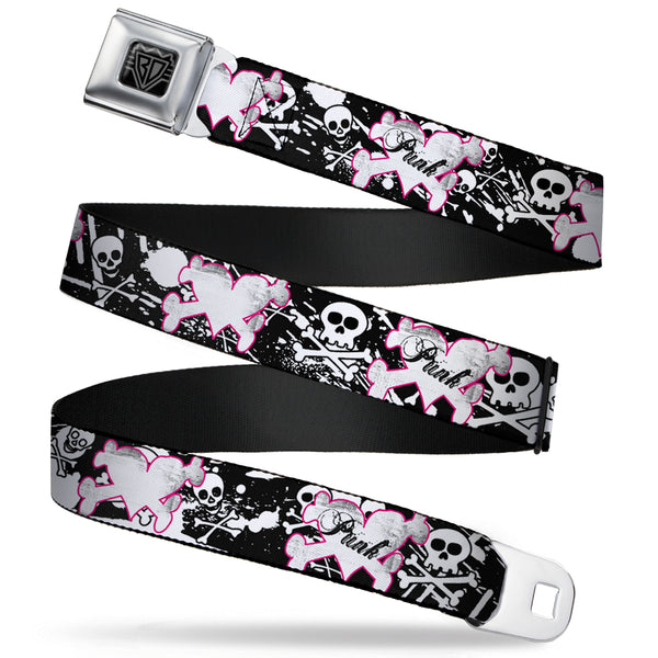 Buckle-Down BD Wings Logo CLOSE-UP Full Color Black Silver Seatbelt Belt - Punk Heart & Cross Bones w/Skulls & Splatter Black/White Webbing