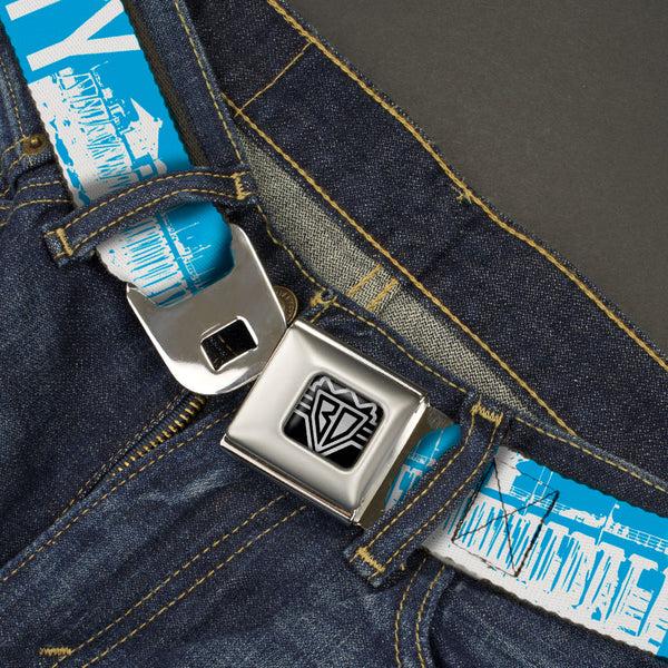 Buckle-Down BD Wings Logo CLOSE-UP Full Color Black Silver Seatbelt Belt - ORANGE COUNTY/Pier Scene Blue/White Webbing