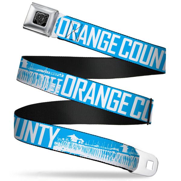 Buckle-Down BD Wings Logo CLOSE-UP Full Color Black Silver Seatbelt Belt - ORANGE COUNTY/Pier Scene Blue/White Webbing