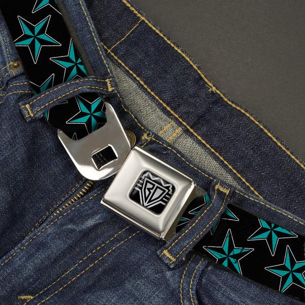 Buckle-Down BD Wings Logo CLOSE-UP Full Color Black Silver Seatbelt Belt - Nautical Stars Scattered Black/Turquoise Webbing