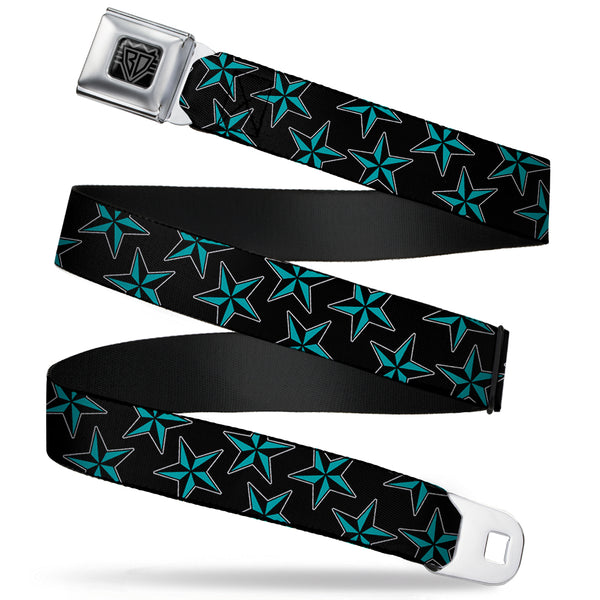 Buckle-Down BD Wings Logo CLOSE-UP Full Color Black Silver Seatbelt Belt - Nautical Stars Scattered Black/Turquoise Webbing