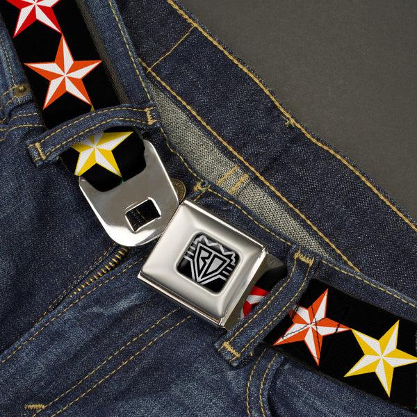 Buckle-Down BD Wings Logo CLOSE-UP Full Color Black Silver Seatbelt Belt - Nautical Star Black/Multi Color Webbing
