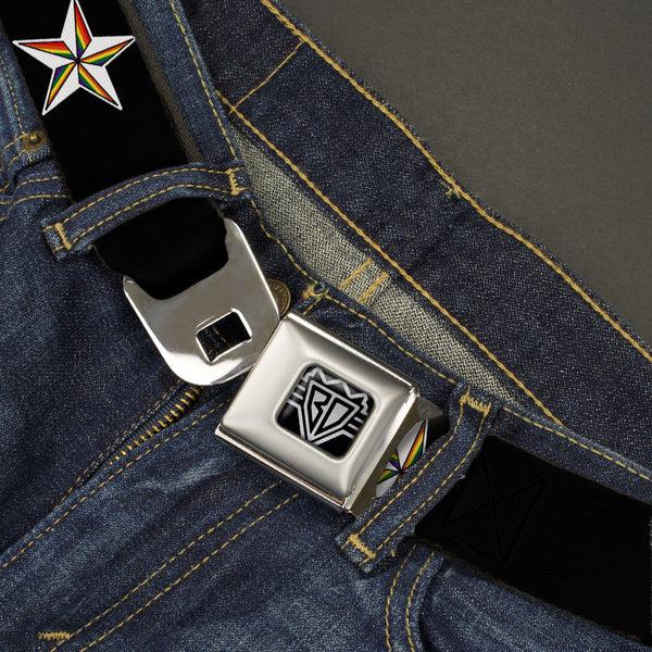 Buckle-Down BD Wings Logo CLOSE-UP Full Color Black Silver Seatbelt Belt - Nautical Star Black/White/Rainbow Webbing