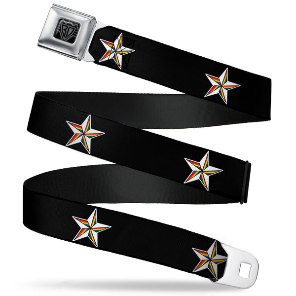 Buckle-Down BD Wings Logo CLOSE-UP Full Color Black Silver Seatbelt Belt - Nautical Star Black/White/Rainbow Webbing