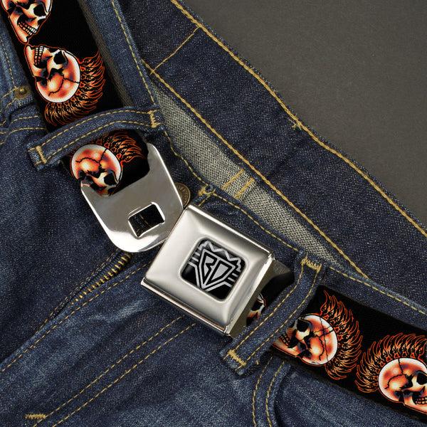 Buckle-Down BD Wings Logo CLOSE-UP Full Color Black Silver Seatbelt Belt - Mohawk Skulls - NO Star Webbing
