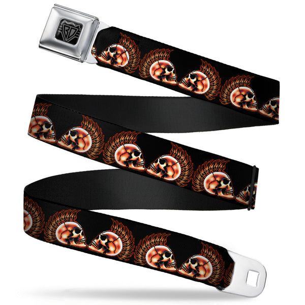 Buckle-Down BD Wings Logo CLOSE-UP Full Color Black Silver Seatbelt Belt - Mohawk Skulls - NO Star Webbing