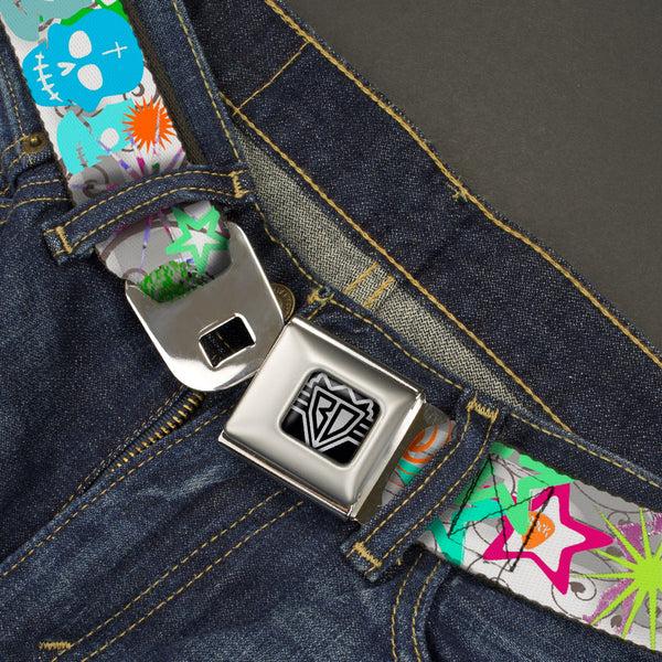 Buckle-Down BD Wings Logo CLOSE-UP Full Color Black Silver Seatbelt Belt - Music Skulls Multi Color Webbing