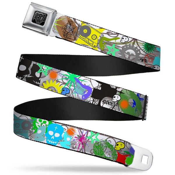 Buckle-Down BD Wings Logo CLOSE-UP Full Color Black Silver Seatbelt Belt - Music Skulls Multi Color Webbing