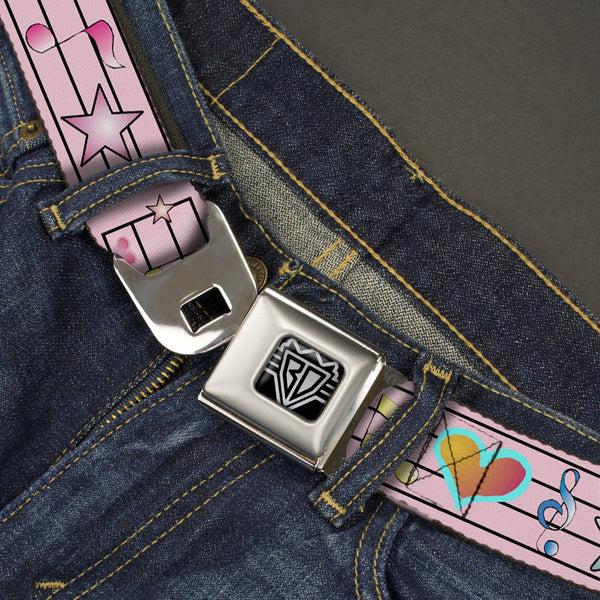 Buckle-Down BD Wings Logo CLOSE-UP Full Color Black Silver Seatbelt Belt - Music Notes Pink Webbing