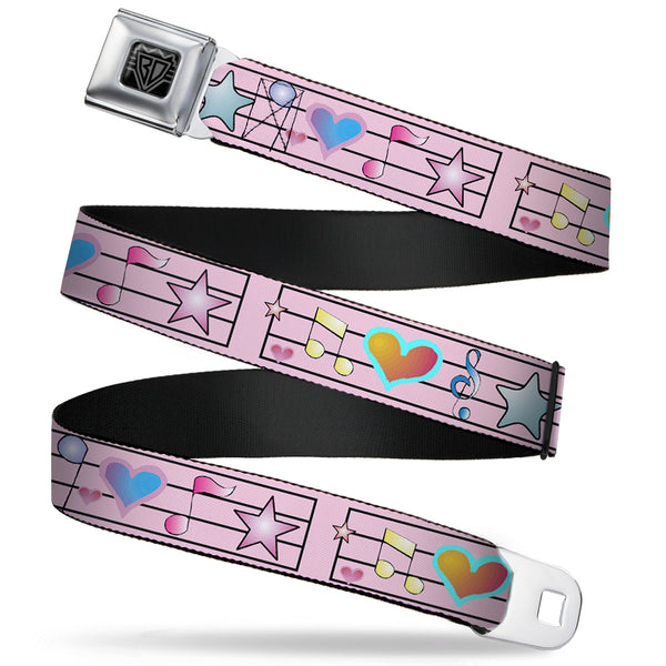 Buckle-Down BD Wings Logo CLOSE-UP Full Color Black Silver Seatbelt Belt - Music Notes Pink Webbing